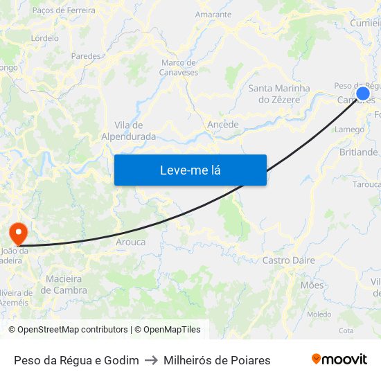 Peso da Régua e Godim to Milheirós de Poiares map