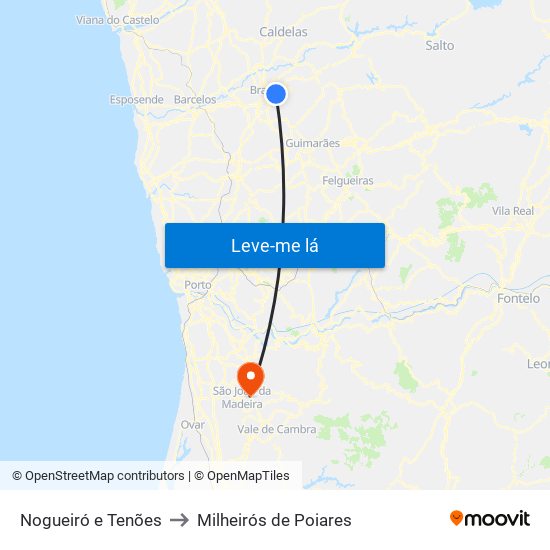 Nogueiró e Tenões to Milheirós de Poiares map