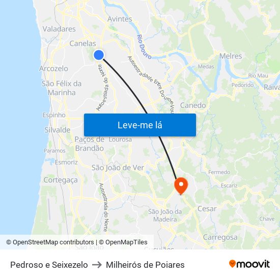 Pedroso e Seixezelo to Milheirós de Poiares map