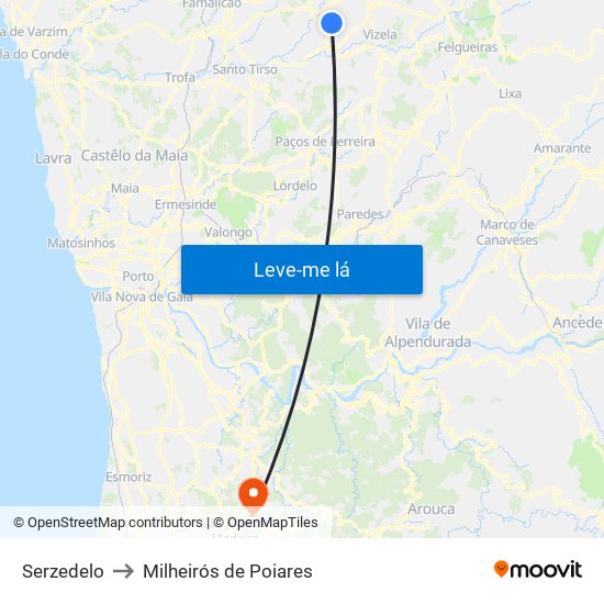Serzedelo to Milheirós de Poiares map