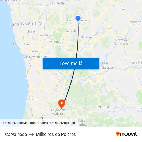 Carvalhosa to Milheirós de Poiares map