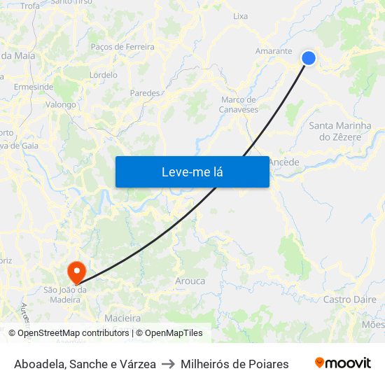 Aboadela, Sanche e Várzea to Milheirós de Poiares map