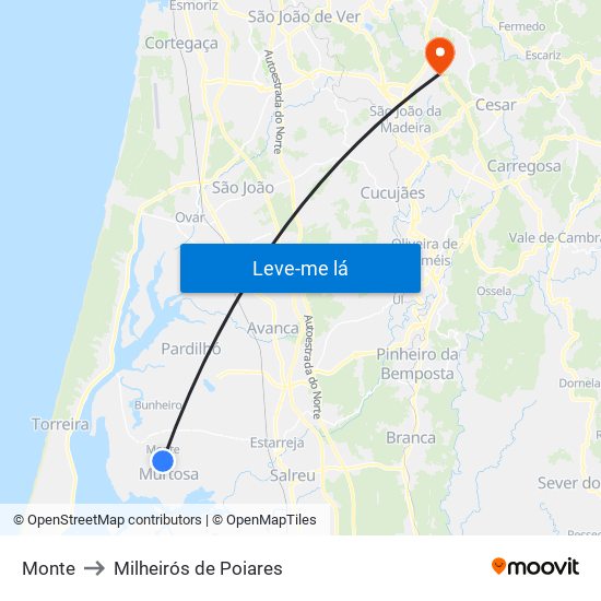 Monte to Milheirós de Poiares map