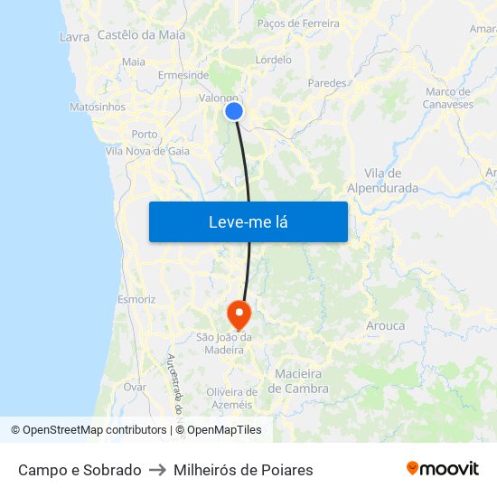 Campo e Sobrado to Milheirós de Poiares map