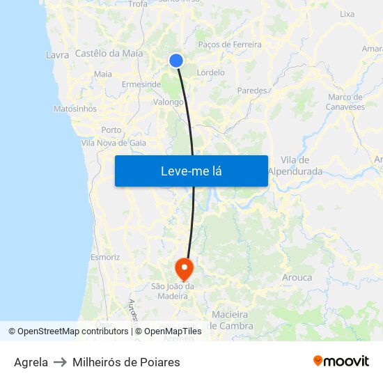 Agrela to Milheirós de Poiares map