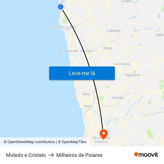 Moledo e Cristelo to Milheirós de Poiares map