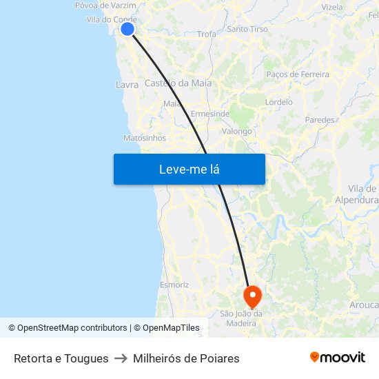 Retorta e Tougues to Milheirós de Poiares map