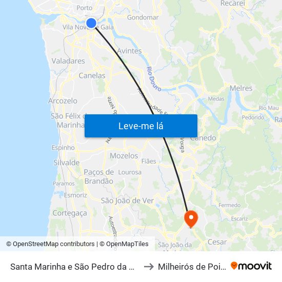 Santa Marinha e São Pedro da Afurada to Milheirós de Poiares map