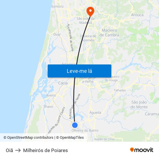 Oiã to Milheirós de Poiares map