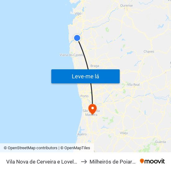 Vila Nova de Cerveira e Lovelhe to Milheirós de Poiares map