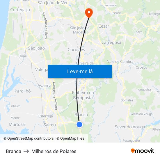 Branca to Milheirós de Poiares map