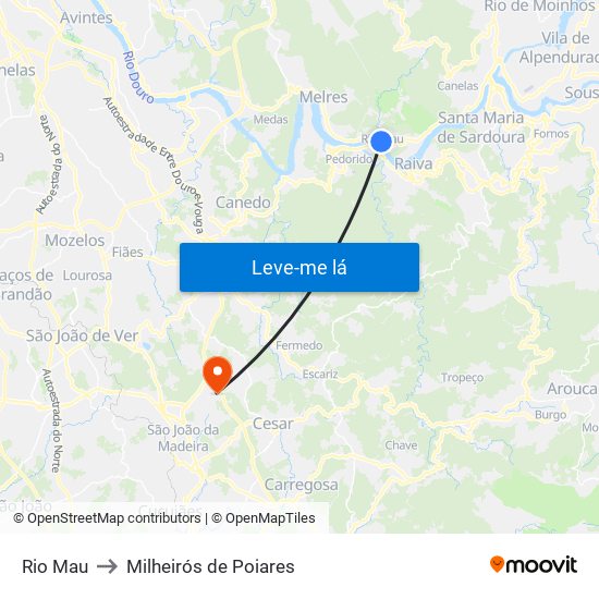 Rio Mau to Milheirós de Poiares map