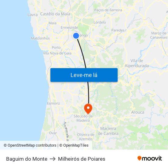 Baguim do Monte to Milheirós de Poiares map