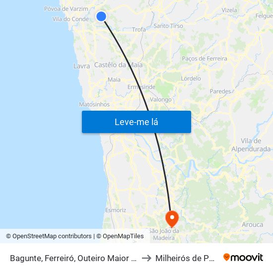 Bagunte, Ferreiró, Outeiro Maior e Parada to Milheirós de Poiares map