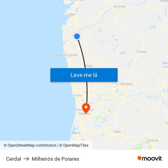 Cerdal to Milheirós de Poiares map