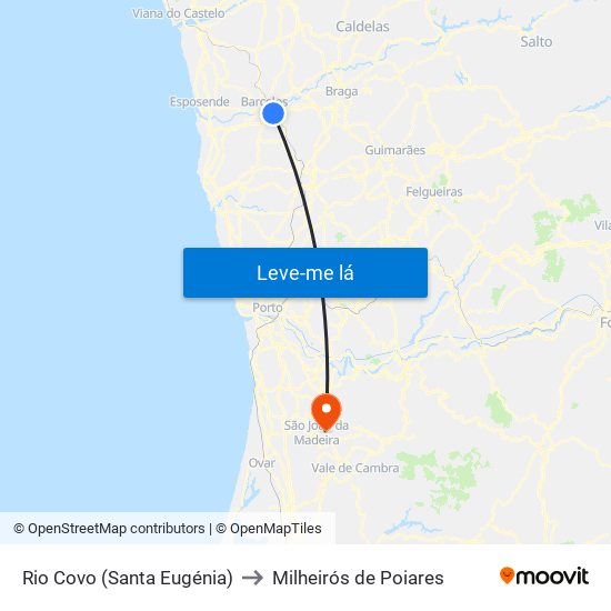 Rio Covo (Santa Eugénia) to Milheirós de Poiares map