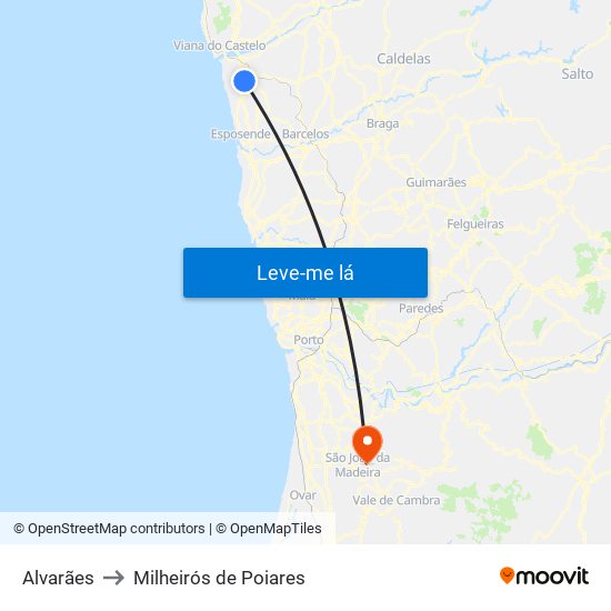 Alvarães to Milheirós de Poiares map