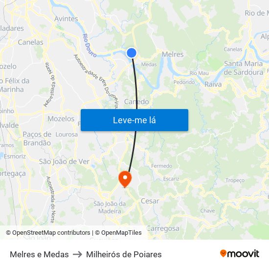 Melres e Medas to Milheirós de Poiares map