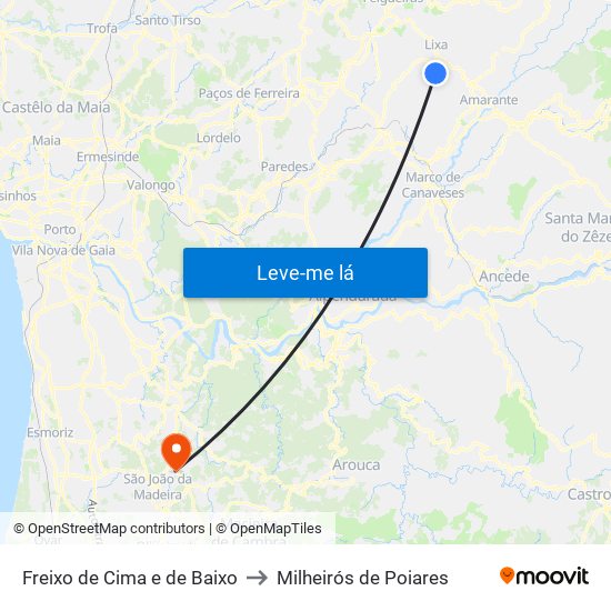 Freixo de Cima e de Baixo to Milheirós de Poiares map