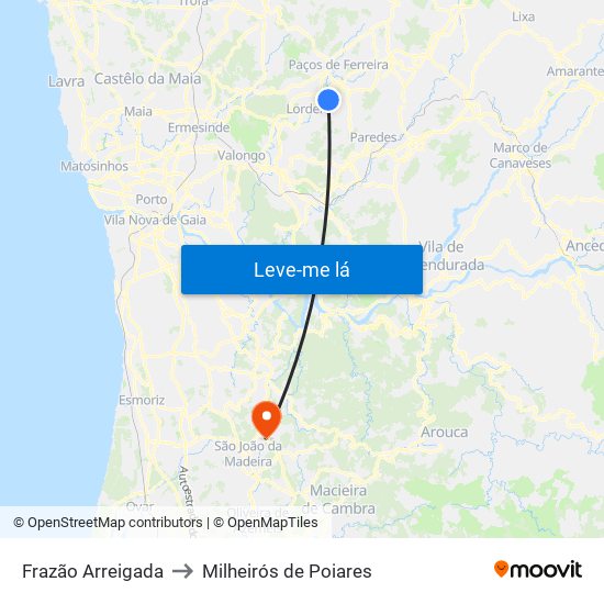 Frazão Arreigada to Milheirós de Poiares map