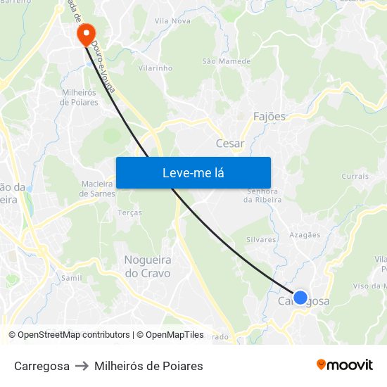 Carregosa to Milheirós de Poiares map