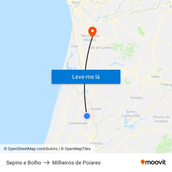 Sepins e Bolho to Milheirós de Poiares map