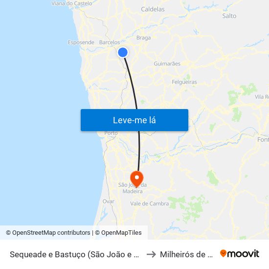 Sequeade e Bastuço (São João e Santo Estêvão) to Milheirós de Poiares map