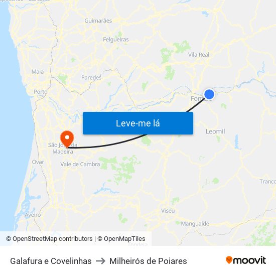 Galafura e Covelinhas to Milheirós de Poiares map