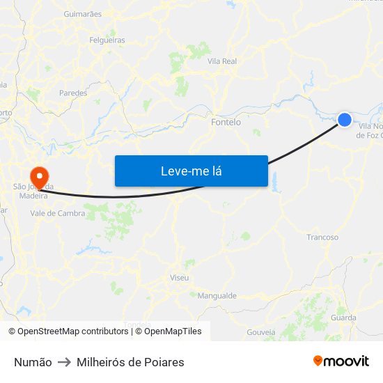 Numão to Milheirós de Poiares map