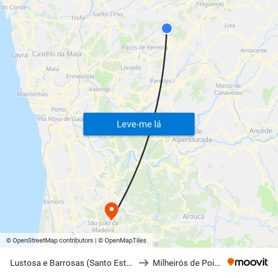 Lustosa e Barrosas (Santo Estêvão) to Milheirós de Poiares map