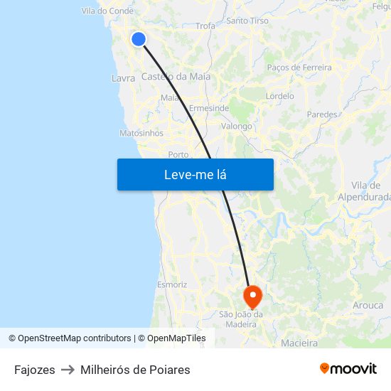 Fajozes to Milheirós de Poiares map