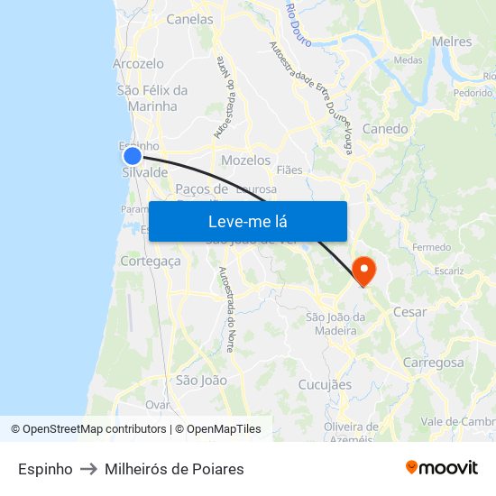 Espinho to Milheirós de Poiares map