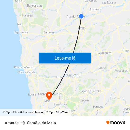 Amares to Castêlo da Maia map