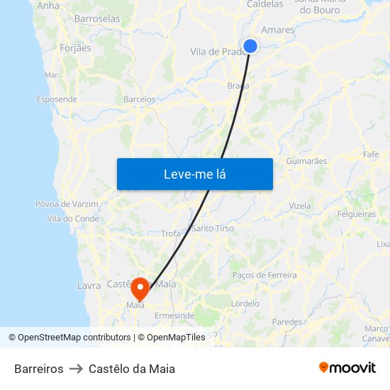 Barreiros to Castêlo da Maia map