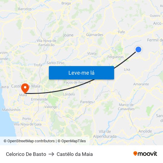 Celorico De Basto to Castêlo da Maia map