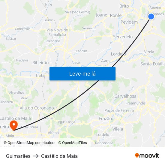 Guimarães to Castêlo da Maia map