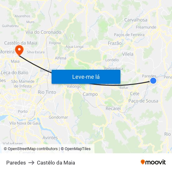 Paredes to Castêlo da Maia map