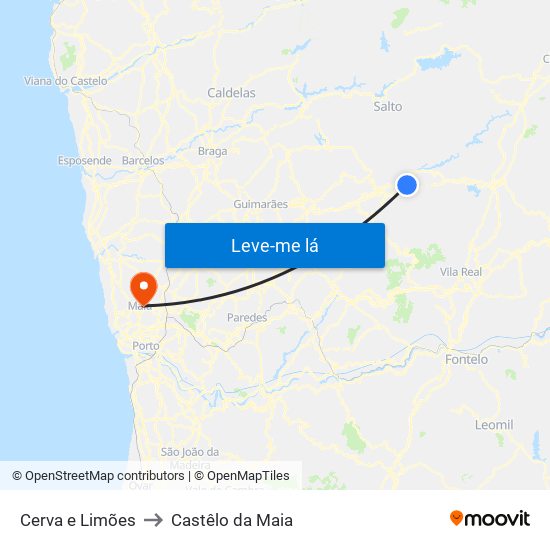 Cerva e Limões to Castêlo da Maia map