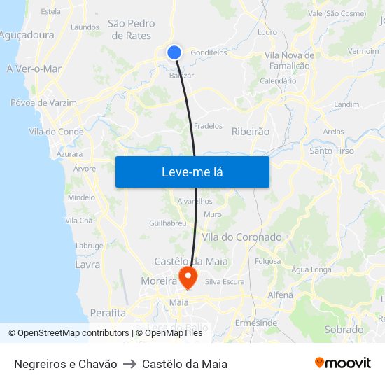 Negreiros e Chavão to Castêlo da Maia map