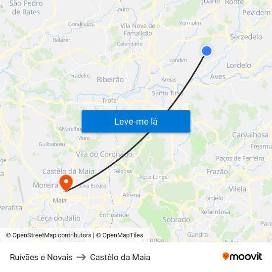 Ruivães e Novais to Castêlo da Maia map