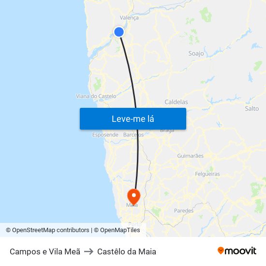 Campos e Vila Meã to Castêlo da Maia map