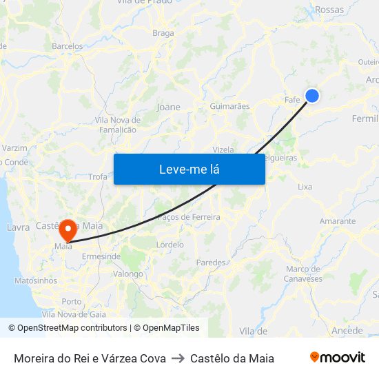 Moreira do Rei e Várzea Cova to Castêlo da Maia map