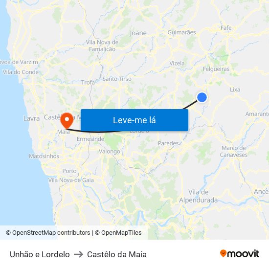 Unhão e Lordelo to Castêlo da Maia map