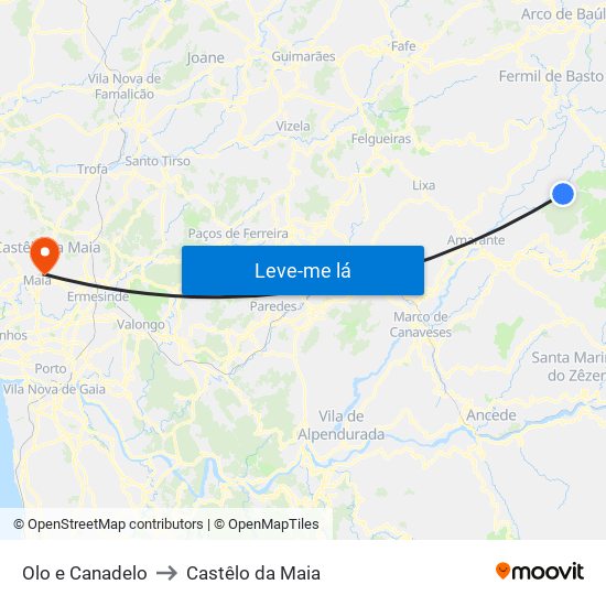 Olo e Canadelo to Castêlo da Maia map