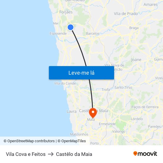 Vila Cova e Feitos to Castêlo da Maia map