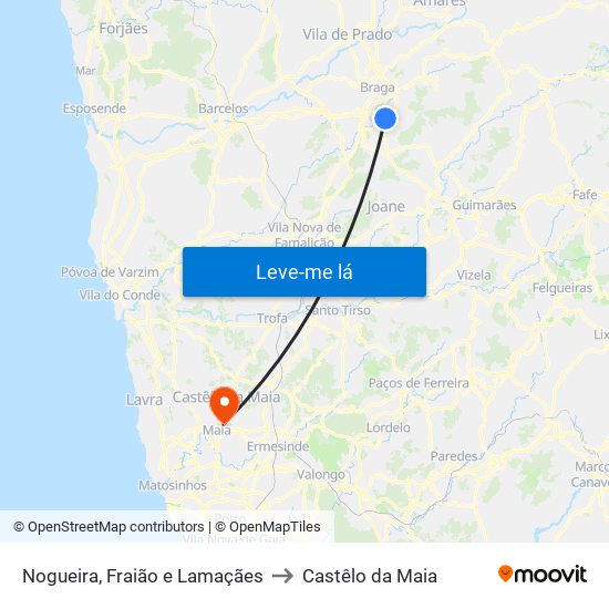 Nogueira, Fraião e Lamaçães to Castêlo da Maia map