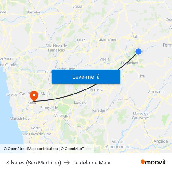 Silvares (São Martinho) to Castêlo da Maia map