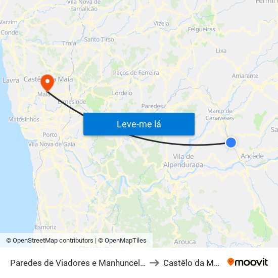 Paredes de Viadores e Manhuncelos to Castêlo da Maia map