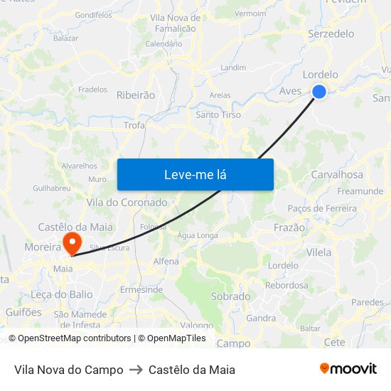 Vila Nova do Campo to Castêlo da Maia map