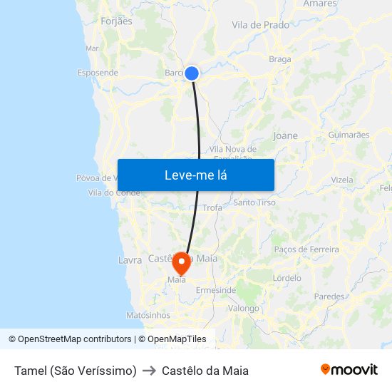 Tamel (São Veríssimo) to Castêlo da Maia map